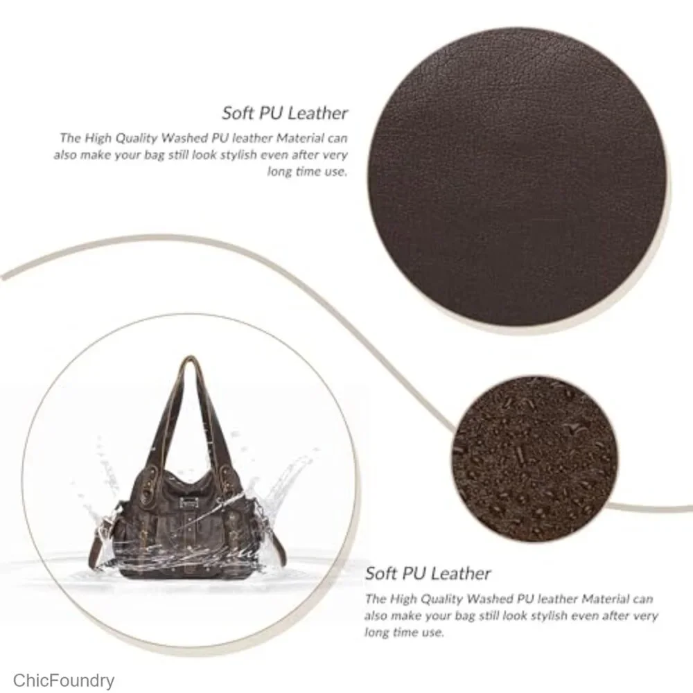 Faux Leather Hobo Bag with Adjustable Strap, 10x10x4.5 Inches, 5 Pockets